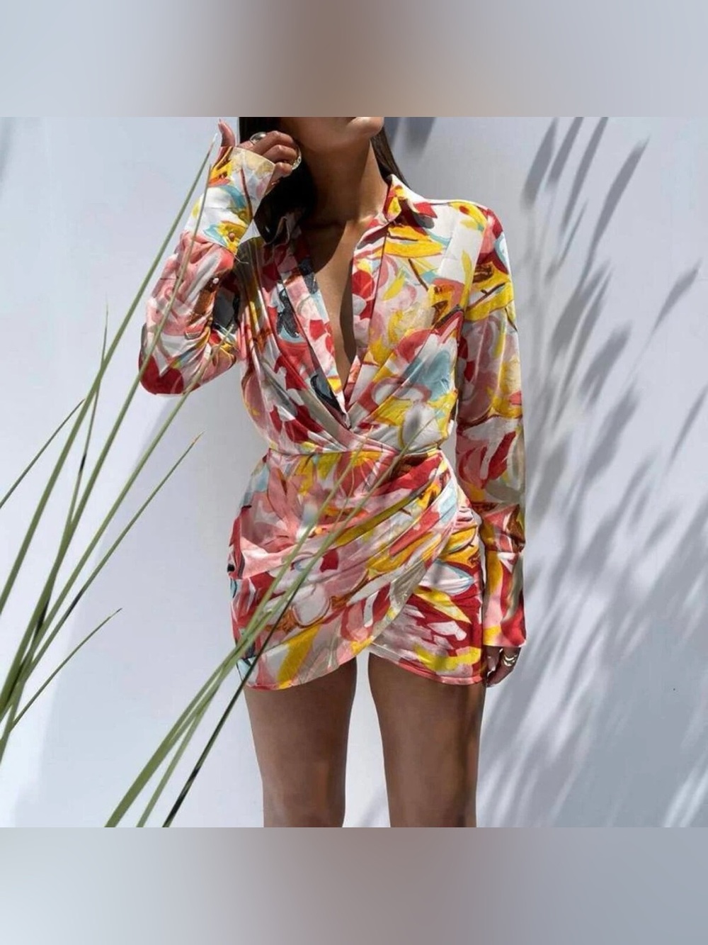 Abstract Floral Wrap Mini Dress in Pink & Yellow
